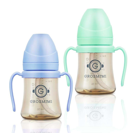 Grosmimi Spill Proof Magic Sippy Cup With Straw And Handle 6 Oz 2-Pack Aqua Green And Sky Blue