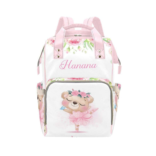 NZOOHY Pink Ballerina Bear Personalized Diaper Bag Backpack with Name,Custom Mommy Bag Nursing Baby Bags Travel DayPack