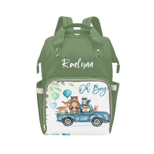 YallLocoMo Custom Diaper Bag Backpack for Girls Boys Kids Oh Boy! Woodland Animals Blue Truck Large Capacity Nappy Bag: