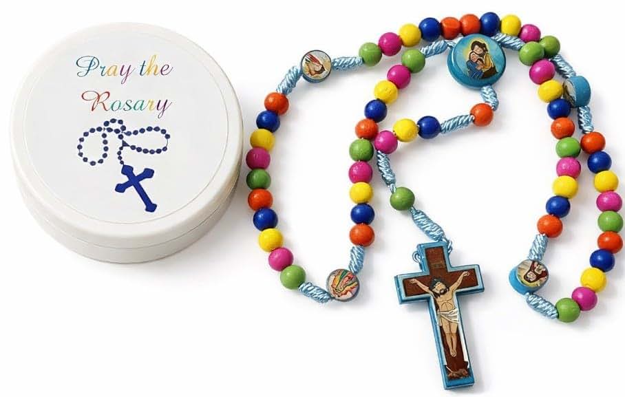 BabyOneStop Colorful Wooden Rosary With Crucifix And Holy Family Case
