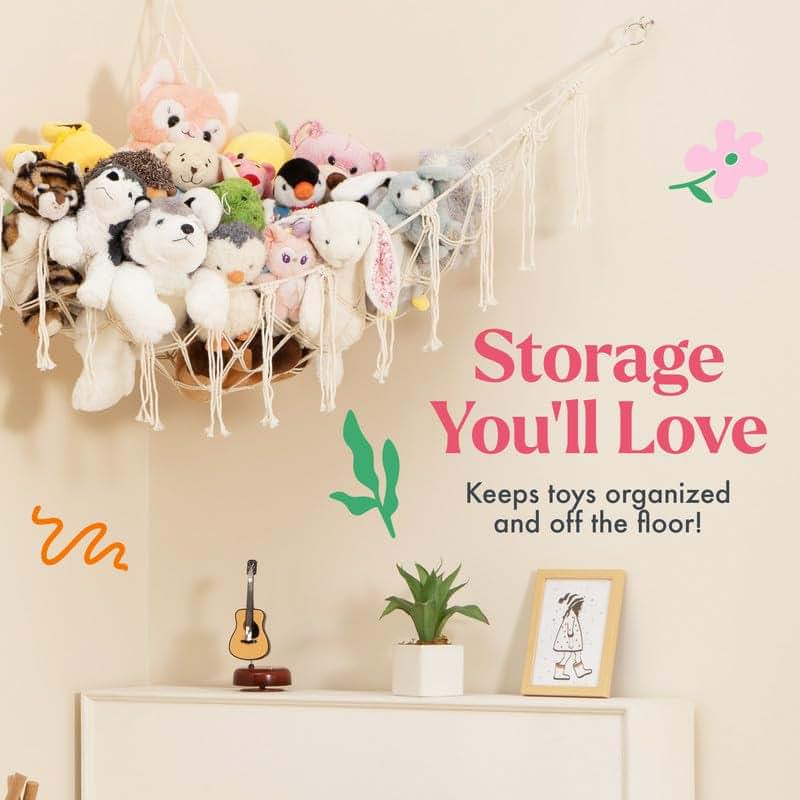 Lilly's Love Macrame Stuffed Animal Storage Hammock Holds 12 Lbs, Mint