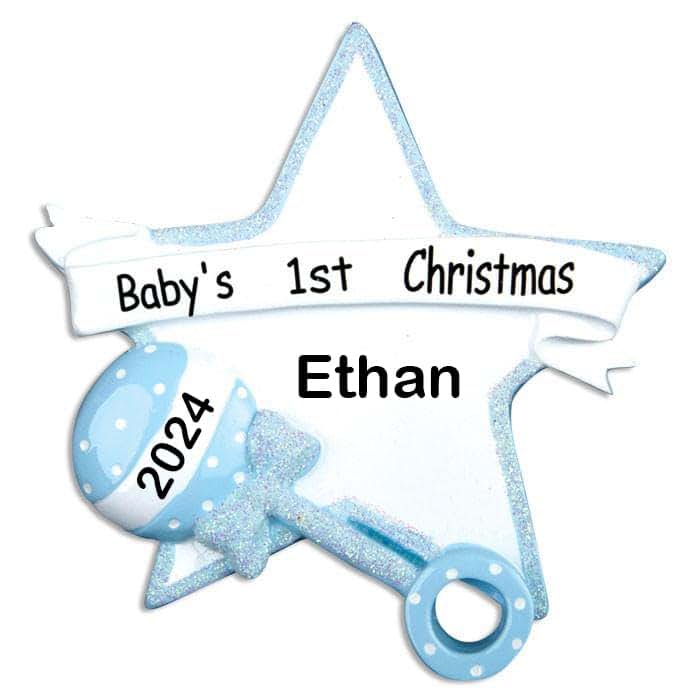 Snowfall Creations 2024 Baby's First Christmas Ornament Blue Star And Rattle