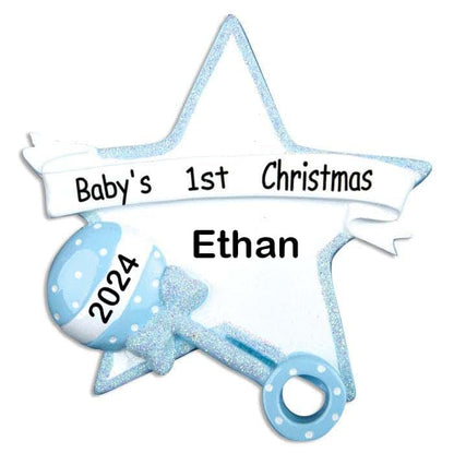 Snowfall Creations 2024 Baby's First Christmas Ornament Blue Star And Rattle
