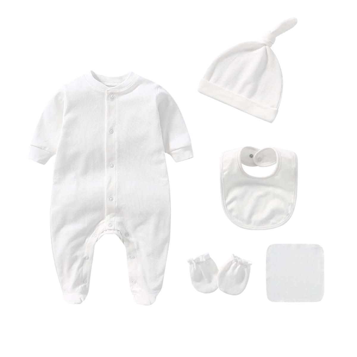ZHENZQ 5-in-1 Newborn Baby Romper Cotton Bodysuit Breathable One-piece Garment With Baby Bib Anti-grasp Gloves For 0-3