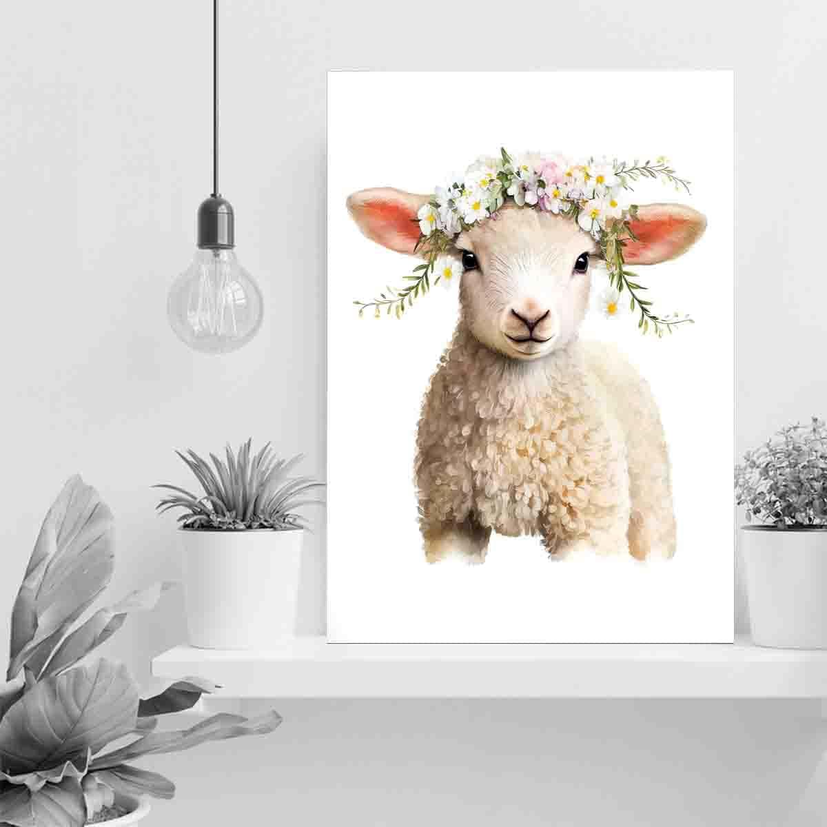 STRRAW Sheep Lamb Flower Crown Botanical Farmhouse Animal Nursery Wall Art Print Decor - 8"x12"