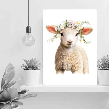 STRRAW Sheep Lamb Flower Crown Botanical Farmhouse Animal Nursery Wall Art Print Decor - 8"x12"