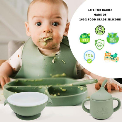 Bendee Silicone Baby Feeding Set with Suction Plate, Bowl, Bib and Training Cup, Pink