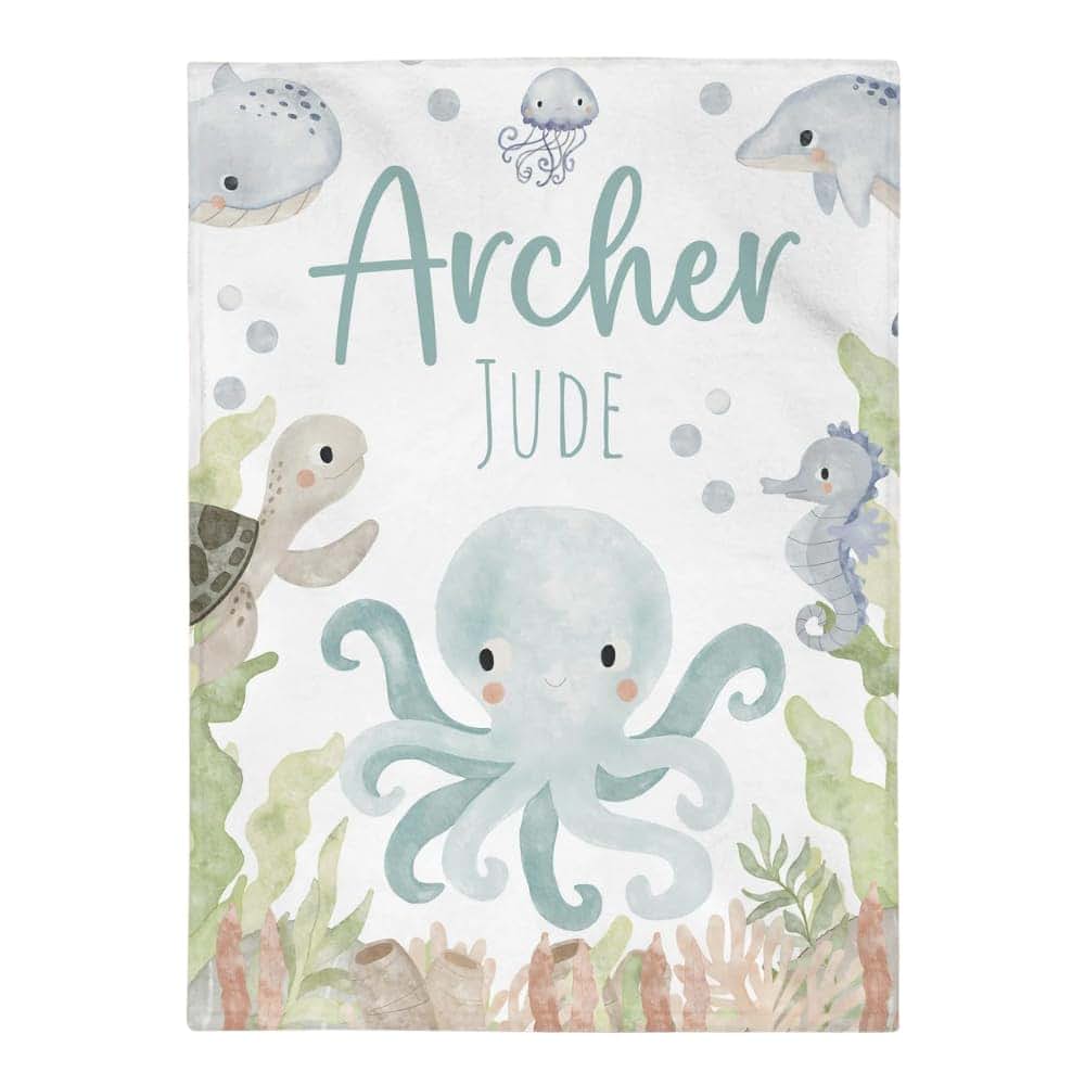 ZEBRA88 Personalized Ocean Baby Boy Name Blanket, Octopus Sea Animals Nursery Bedding, Custom Turtle Seahorse Theme