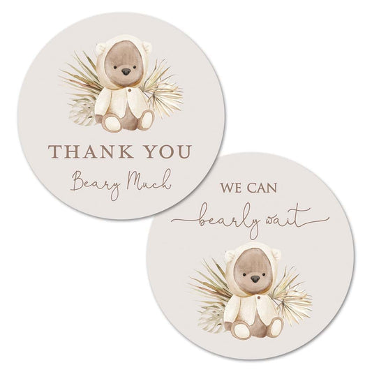InvitationHouse 2"" Round Boho Bear Baby Shower Thank You Favor Stickers - Set of 40 (Neutral)