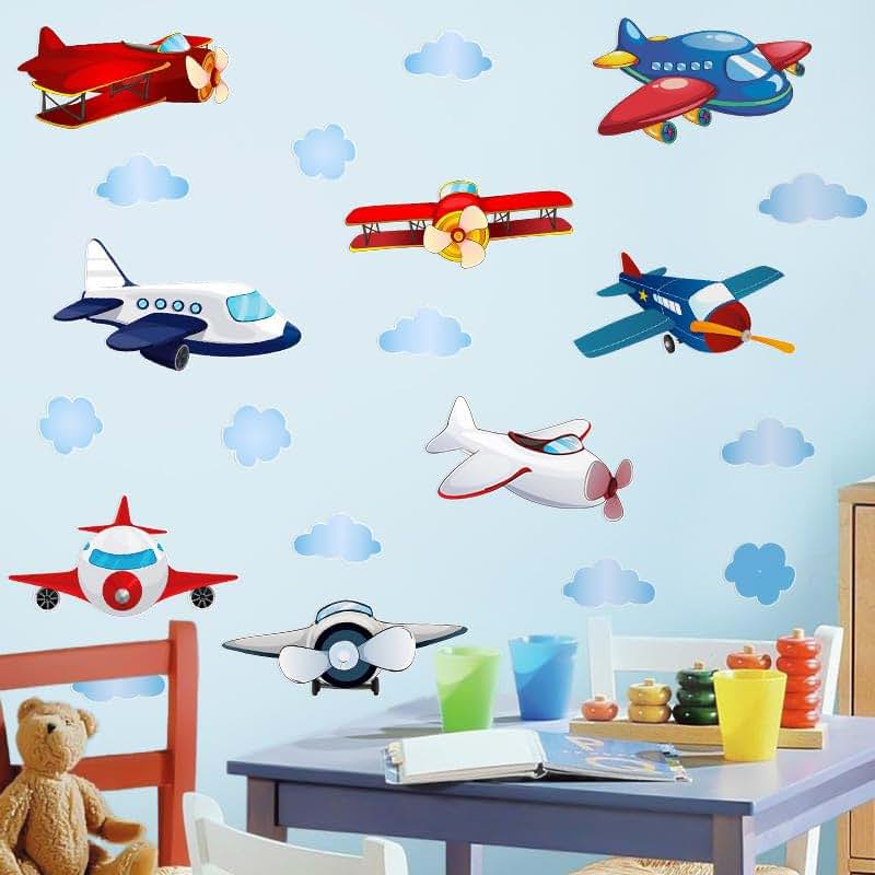 Flaxarne Cartoon Cloud and Airplane Wall Sticker for Nursery Decoration