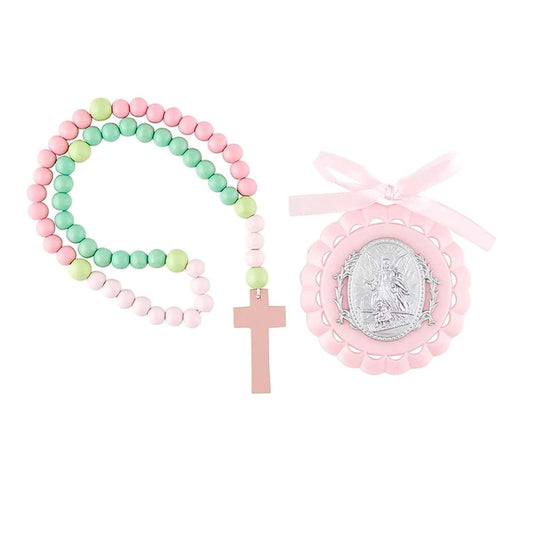 Hirten 3.5" Guardian Angel Pink Crib Medal with Wooden Baby Rosary In Gift Box