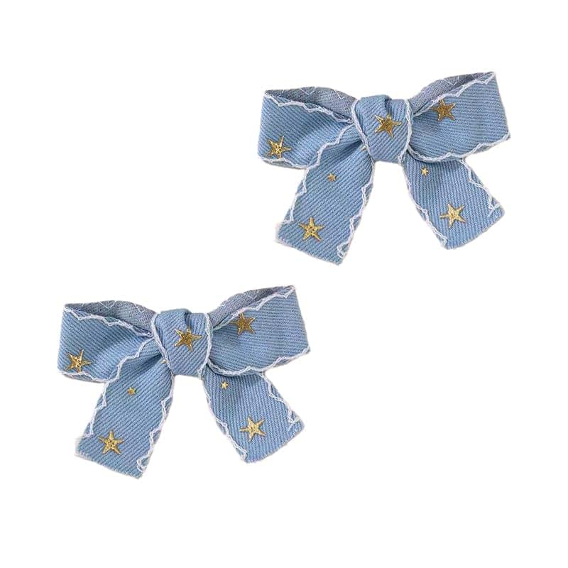 Boenbe Loved Blue Denim Bow Hair Clip Set with Lace Edges