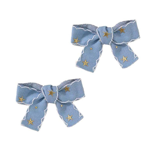 Boenbe Loved Blue Denim Bow Hair Clip Set with Lace Edges