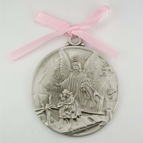 KeegansCatholicTreasures Guardian Angel Crib Medal With Pink Ribbon