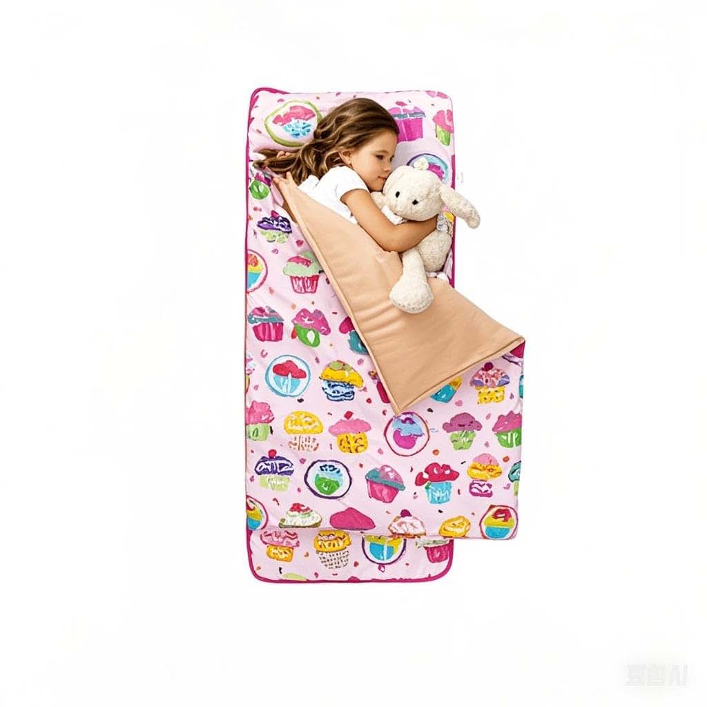 JHLCARPET Toddler Nap Mat with Blanket, Pink Cupcake Pattern, Toddler Sleep Mat, with Removable Pillow - by JHL Carpet