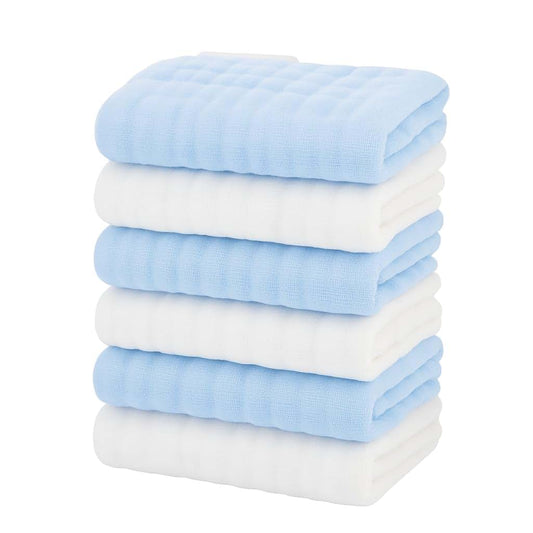 Peonita Baby Washcloths – 6 Pack Soft Muslin Cotton Towels for Newborns – Blue & White – Gentle, Reusable Face Cloths