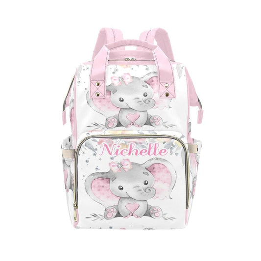 NZOOHY Pink Floral Bow Elephant Personalized Large Capacity Diaper Bags,Custom Name Travel Daypack Diaper Backpack for