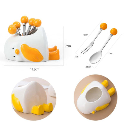 Royal Shang Youpin Duck Ceramic Storage Jar And Fruit Fork Set (photo 2)
