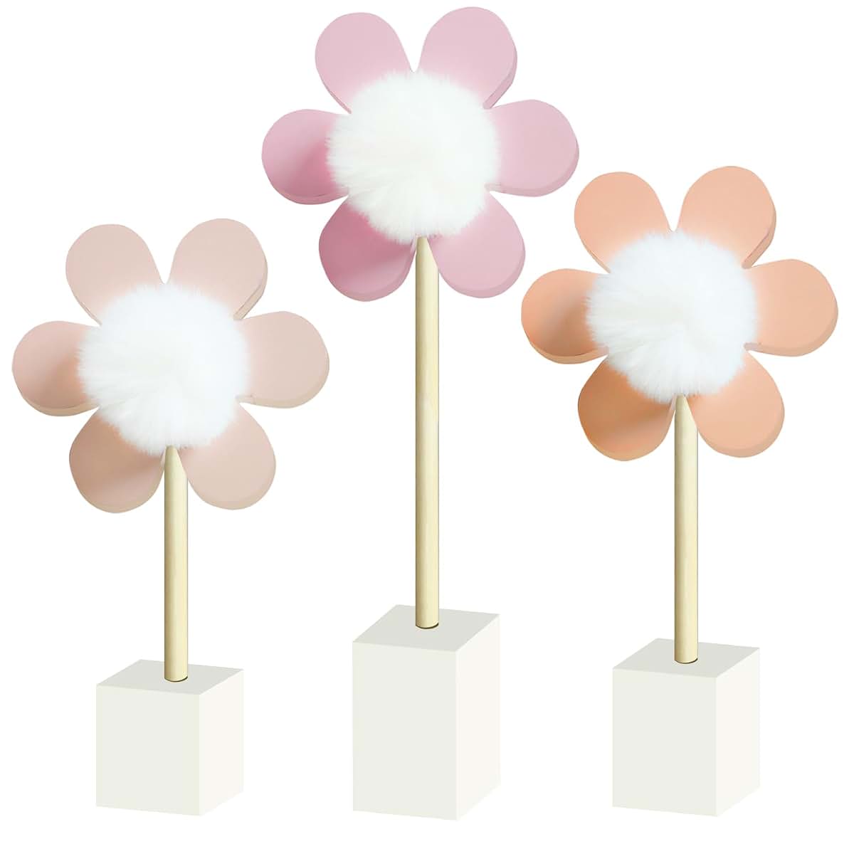 Cobzier 3 Pack Daisy Nursery Shelf Decor, Wooden Boho Baby Girl Nursery Decor Pink Floral Room Decoration Bohemian Cute
