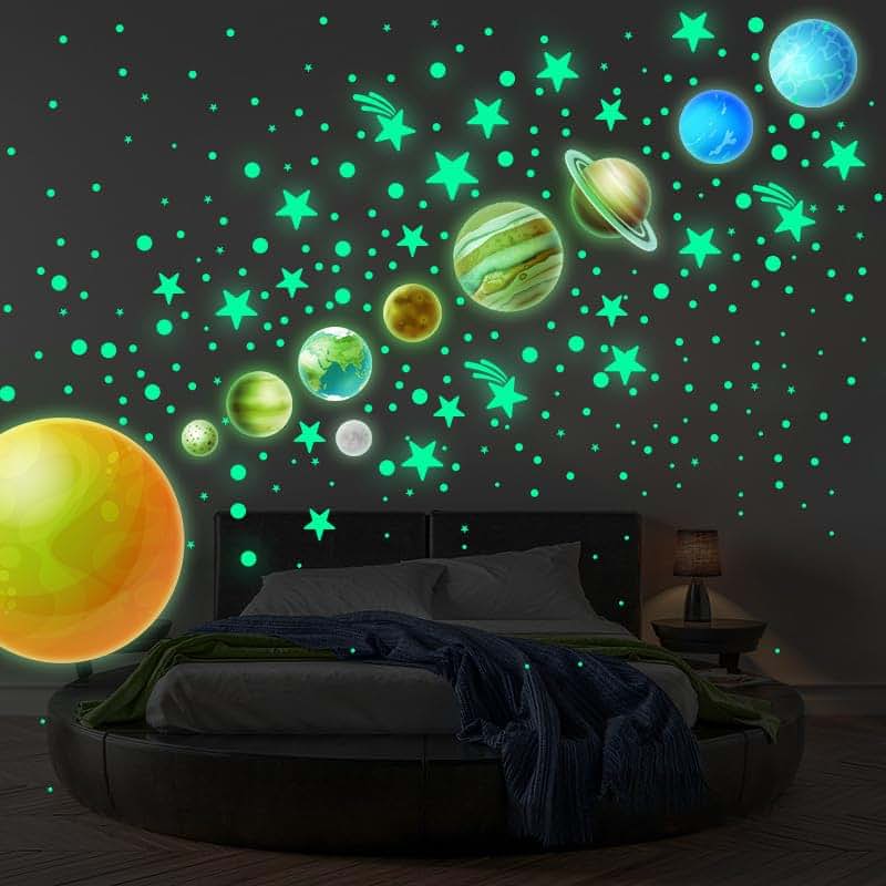 Glow Star and Planet Vinyl Wall Stickers for Nursery Decor (444 Pcs)