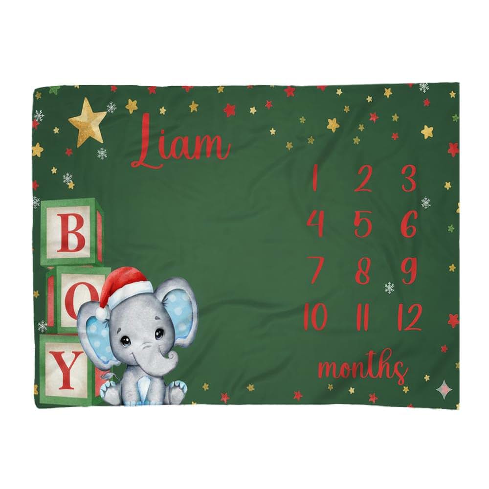 L&NG Monthly Milestone Blanket for Boy, Elephant with Santa Hat