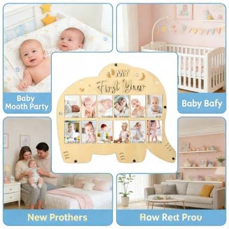 DegoCython Baby First Year Photo Collage Frame Elephant Design 12 Month Milestone Wooden Keepsake Display Tabletop Wall (photo 3)