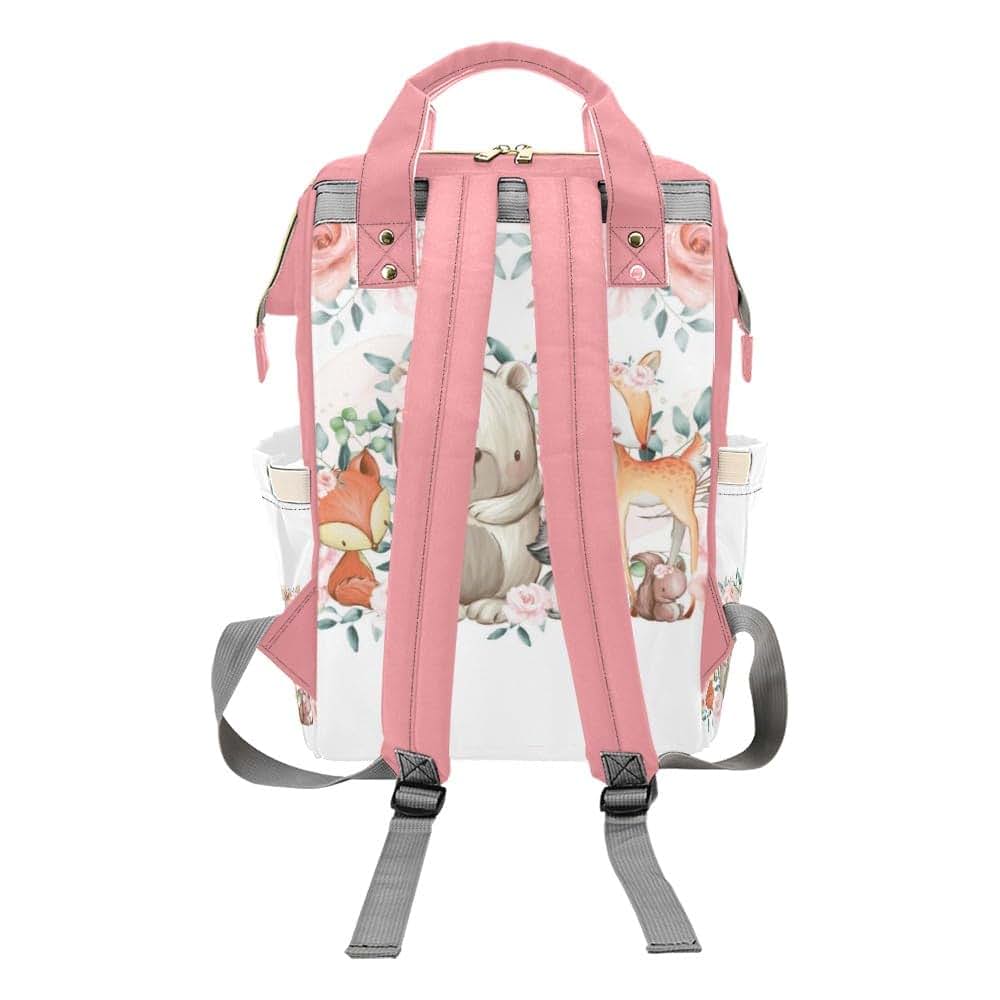 YallLocoMo Personalized Diaper Bag Backpack Name Pink Rose Woodland Animals Girl Multifunction Travel Backpack Nappy (photo 2)