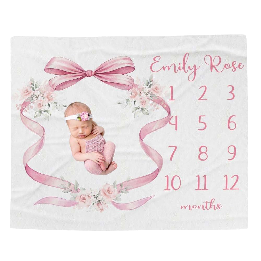 L&NG Personalized Pink Bow Floral Milestone Blanket for Baby