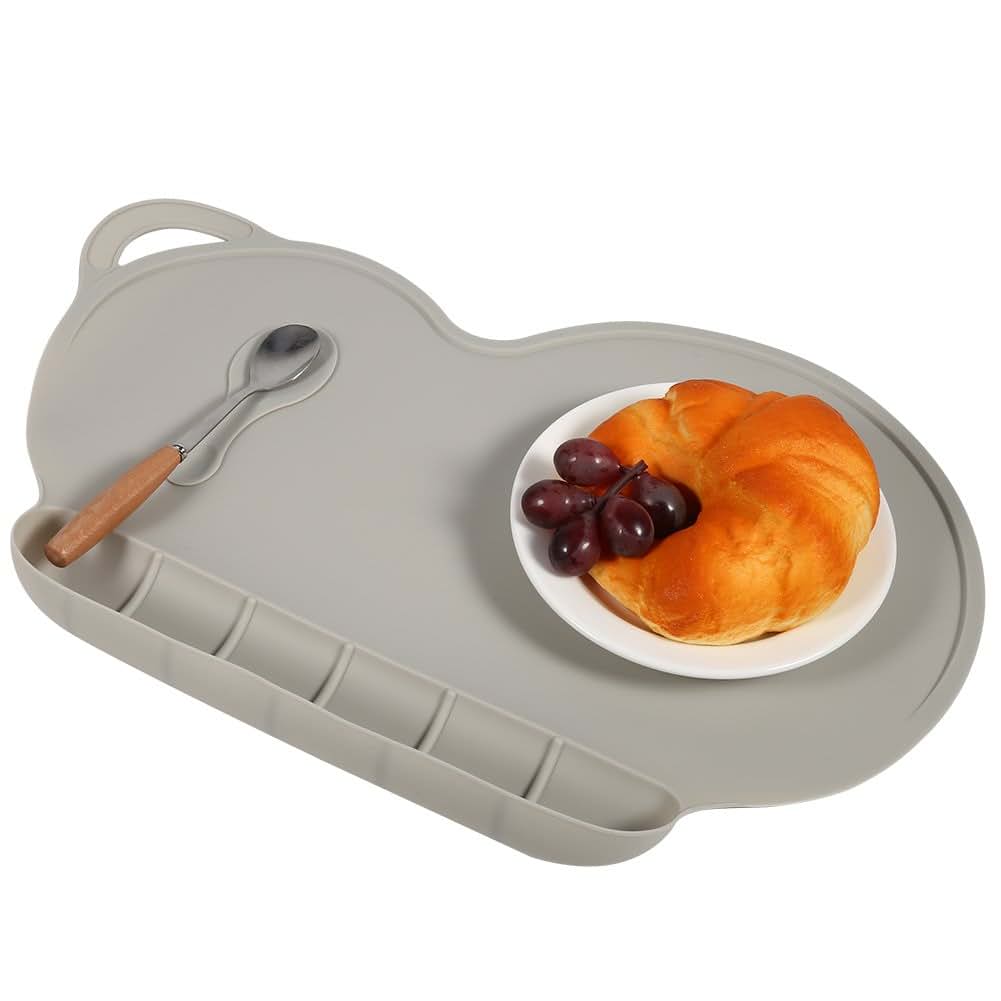 BabyOneStop Silicone Baby Suction Plate Mat, Foldable Anti-Slip Placemat with Food Pocket, Grey
