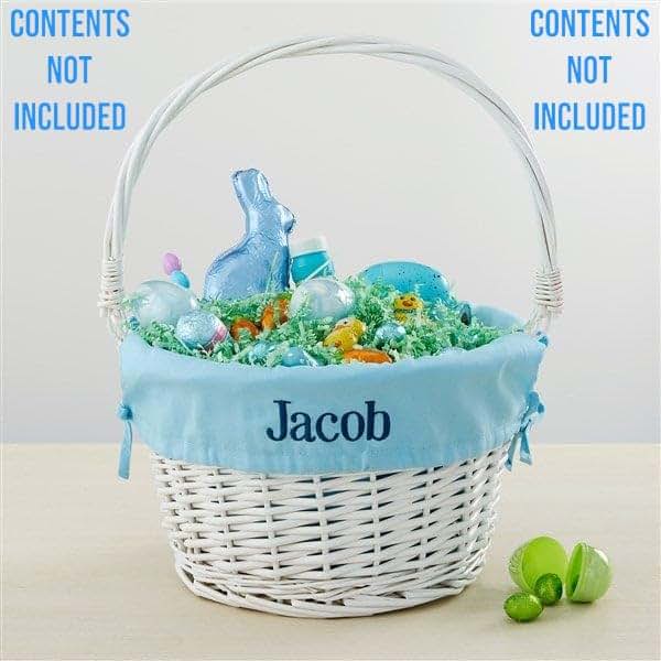 Personalization Universe Personalized Classic White Easter Basket – Embroidered Light Blue Basket Liner – Custom Kids (photo 2)