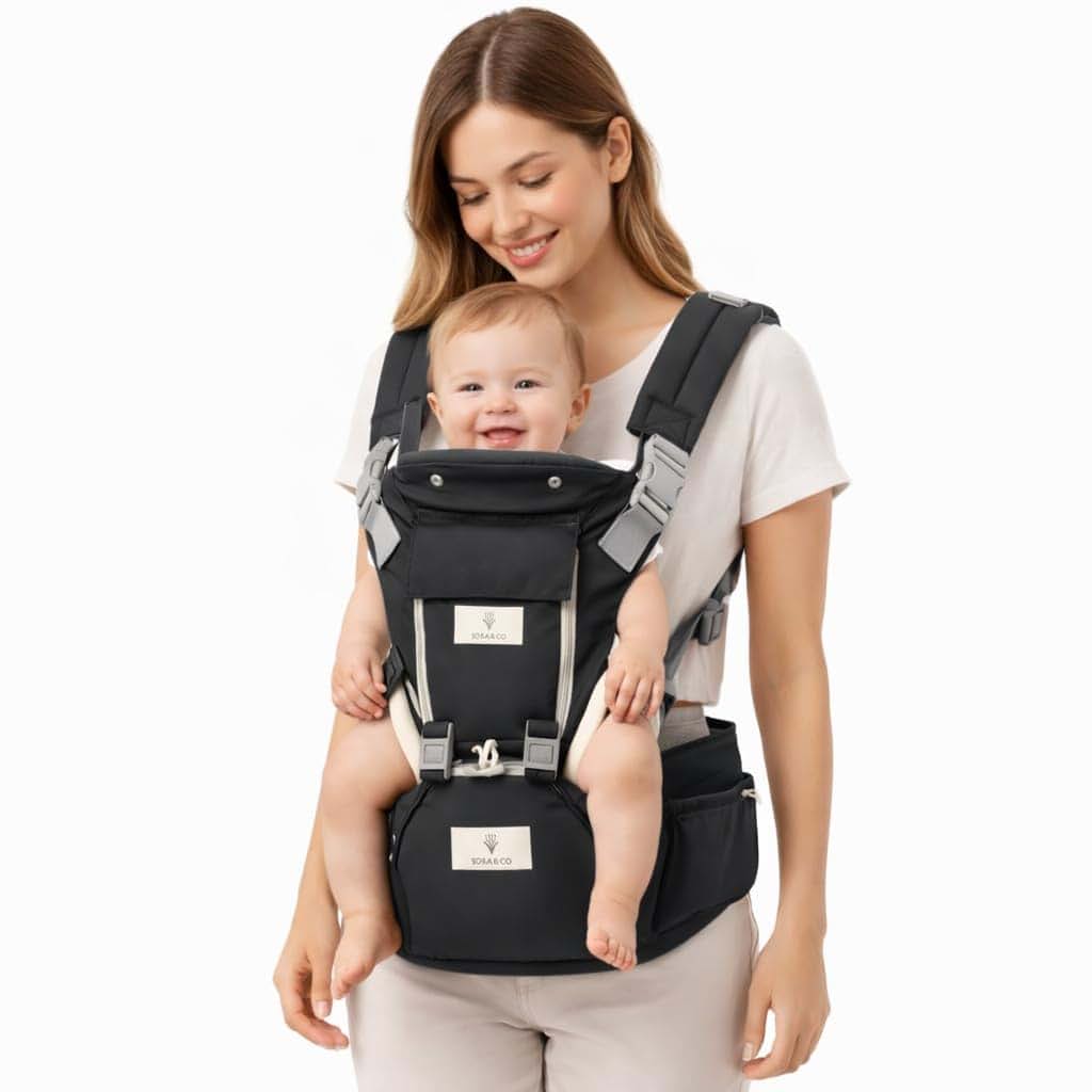 SOSA & CO 6 in 1 Ergonomic Baby Carrier with Hip Seat - Newborn to Toddler - Black