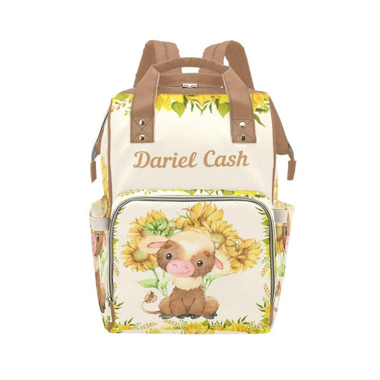 NZOOHY Farm Cow Sunflowers Personalized Diaper Bag,Custom Name Diaper Backpack Mommy Nursing Bag for Baby Nappy Bag