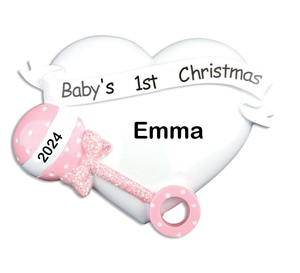 Snowfall Creations 2024 Baby's First Christmas Ornament - Pink Heart & Rattle for Girls, Blue Star & Rattle for Boys