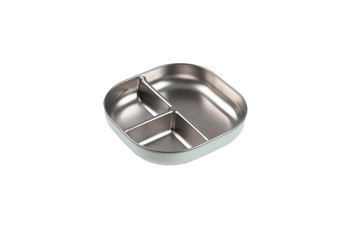 Béaba BEABA Microwave Sage Stainless Steel Divided Plate with Silicone Sleeve, Baby Plates and Toddler Plate, Baby