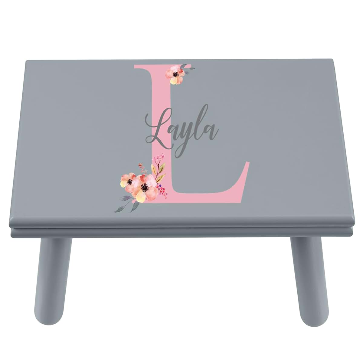 Let's Make Memories Personalized Step Stool - for Ages 3+ - Wood - Floral Design - Gray