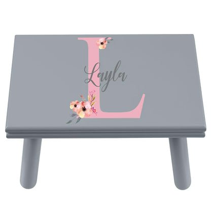 Let's Make Memories Personalized Step Stool - for Ages 3+ - Wood - Floral Design - Gray