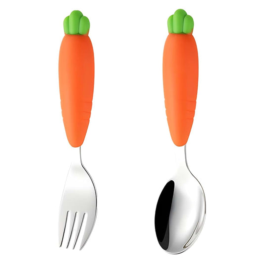 Machify 2 Pcs Utensils Set, Little One Size, Carrot Design Stainless Steel Fork and Spoon