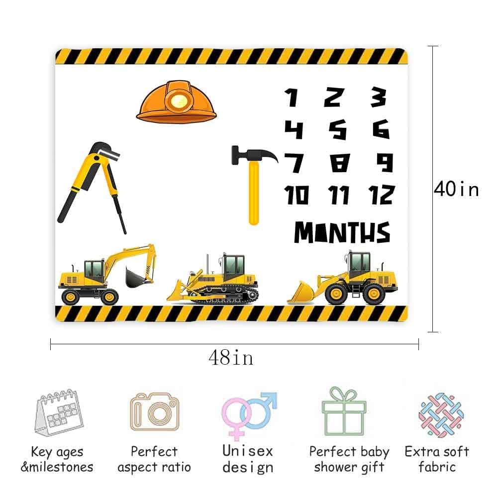 BTXFME25 Construction Vehicle Milestone Blanket, 48x40in Flannel Baby Gift