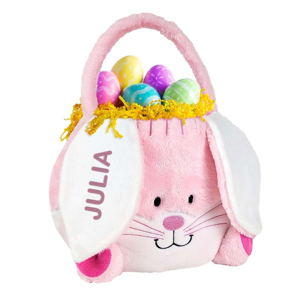 GiftsForYouNow Embroidered Fuzzy Pink Bunny Personalized Easter Basket, Plush Easter Basket for Little Girls, Easter
