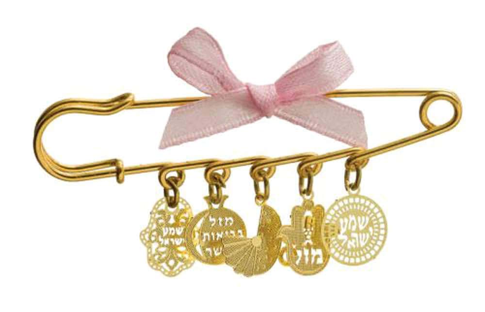 YourHolyLandStore Jewish Baby Girl Safety Pin - Hamsa - Shema Yisrael - Luck Health - Newborn Gift