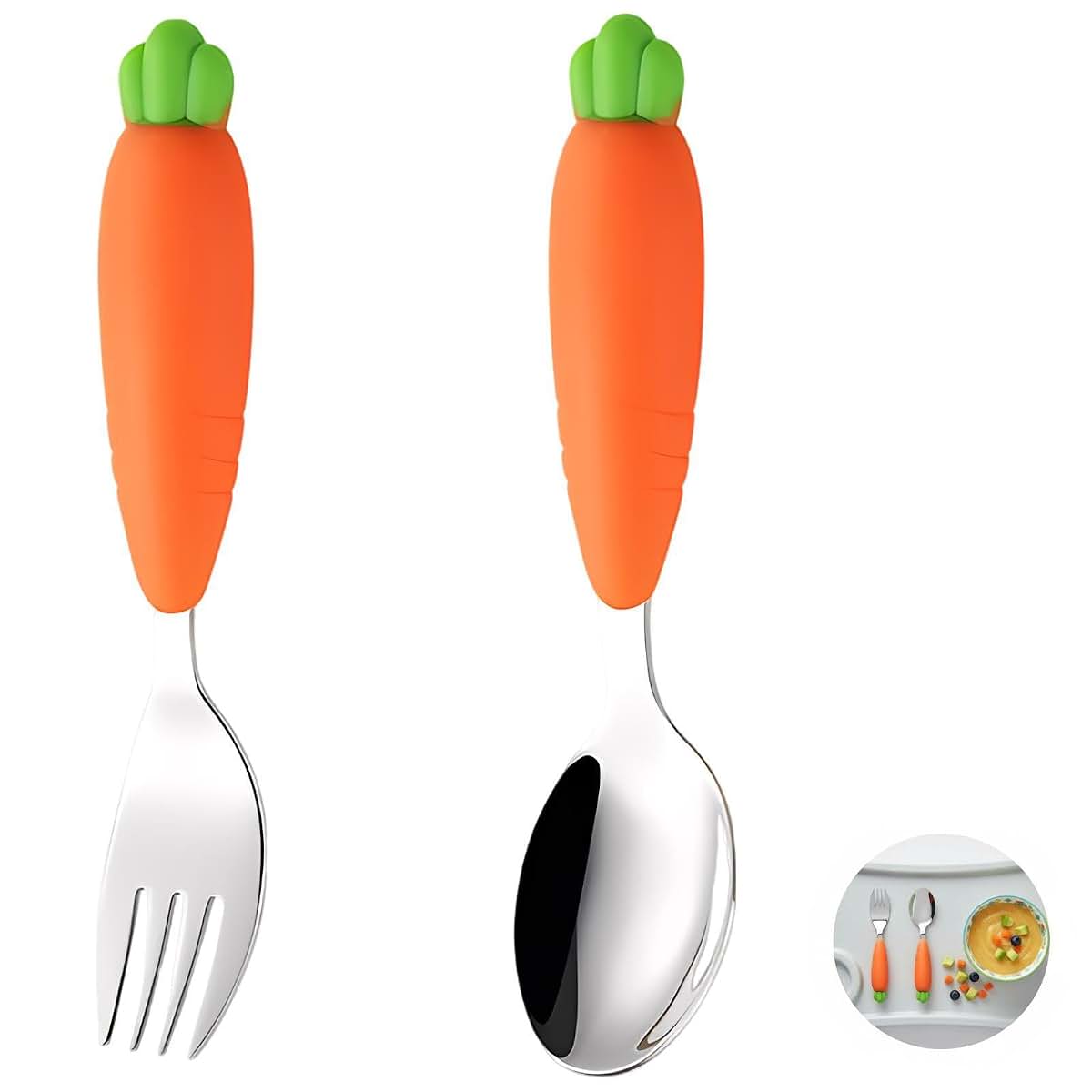 Machify 2 Pcs Utensils Set, Little One Size, Carrot Design Stainless Steel Fork and Spoon