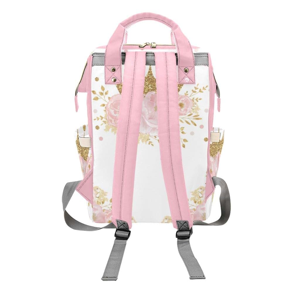 Nzoohy Pink Floral Gold Crown Princess Personalized Diaper Bag Backpack (photo 3)
