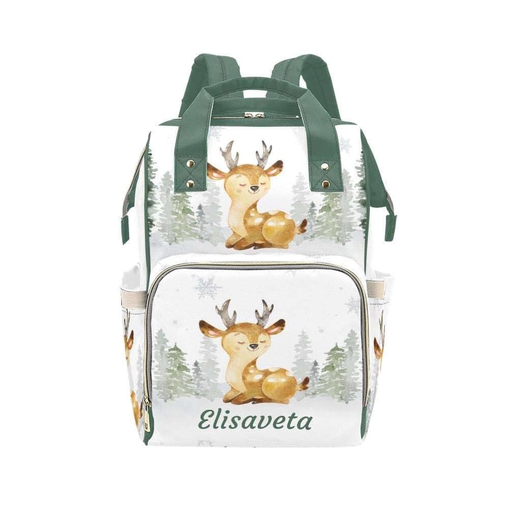 YallLocoMo Custom Name Diaper Bag Backpack Gift Watercolor Forest Deer Multifunction Travel Backpack Nappy Bag Daypack