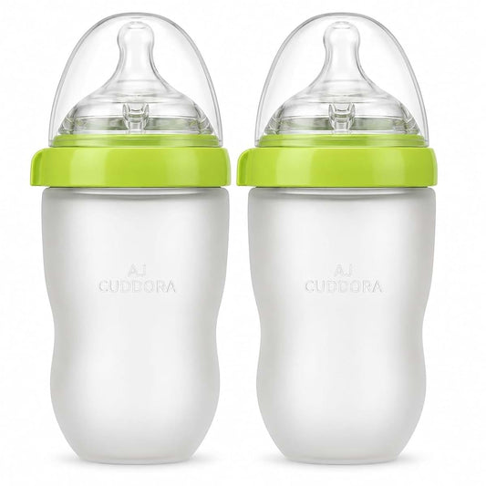 AJ Cuddora Silicone Baby Bottles 8oz Anti-Colic Wide Neck, Soft Nipple, Dual Vents, Newborn Friendly, Breastfeeding