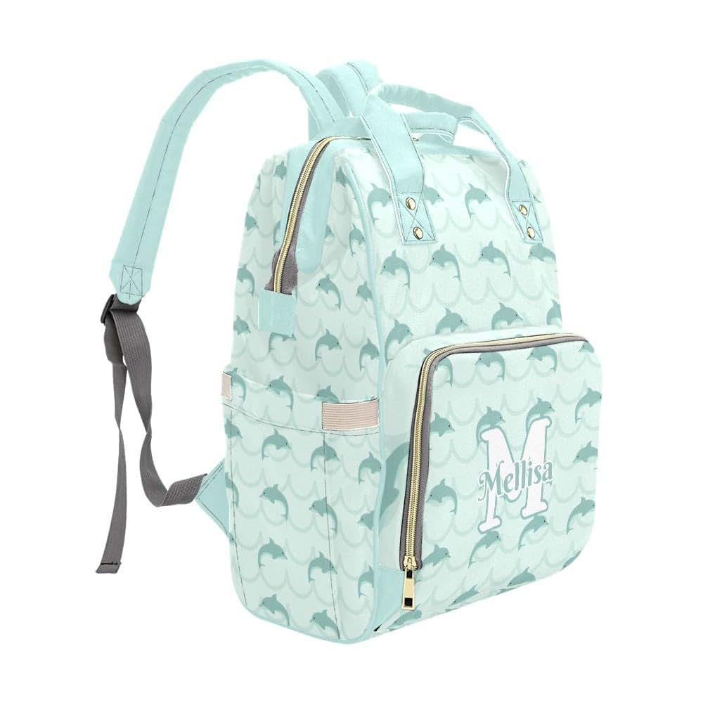 YallLocoMo Personalized Diaper Bag Backpack Name Stripe Dolphins Mint Green Convenient and Durable: Waterproof (photo 3)