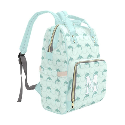 YallLocoMo Personalized Diaper Bag Backpack Name Stripe Dolphins Mint Green Convenient and Durable: Waterproof (photo 3)