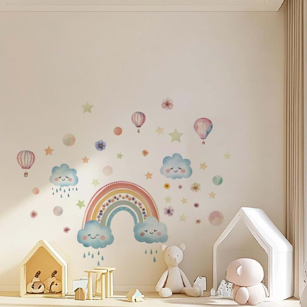GOMAKERER 3 Sheets Large Rainbow Wall Stickers Boho Cloud Decal for Nursery and Bedroom