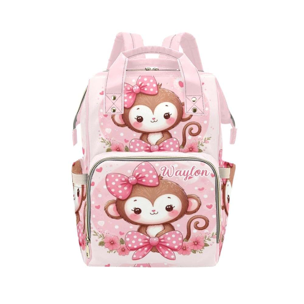 NZOOHY Pink Bow Monkey Personalized Diaper Bag Backpack Custom Name Nursing Baby Bag Mommy Bag for Mom Travel Daypack