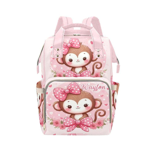 NZOOHY Pink Bow Monkey Personalized Diaper Bag Backpack Custom Name Nursing Baby Bag Mommy Bag for Mom Travel Daypack