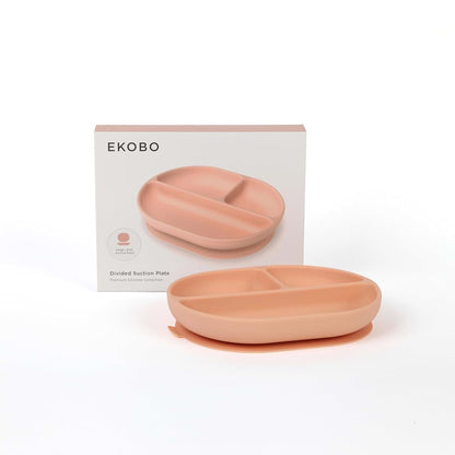EKOBO Silicone Divided Baby Plate with Suction, Blush, 3‑Section Toddler Plate with Suction Base and High Rims